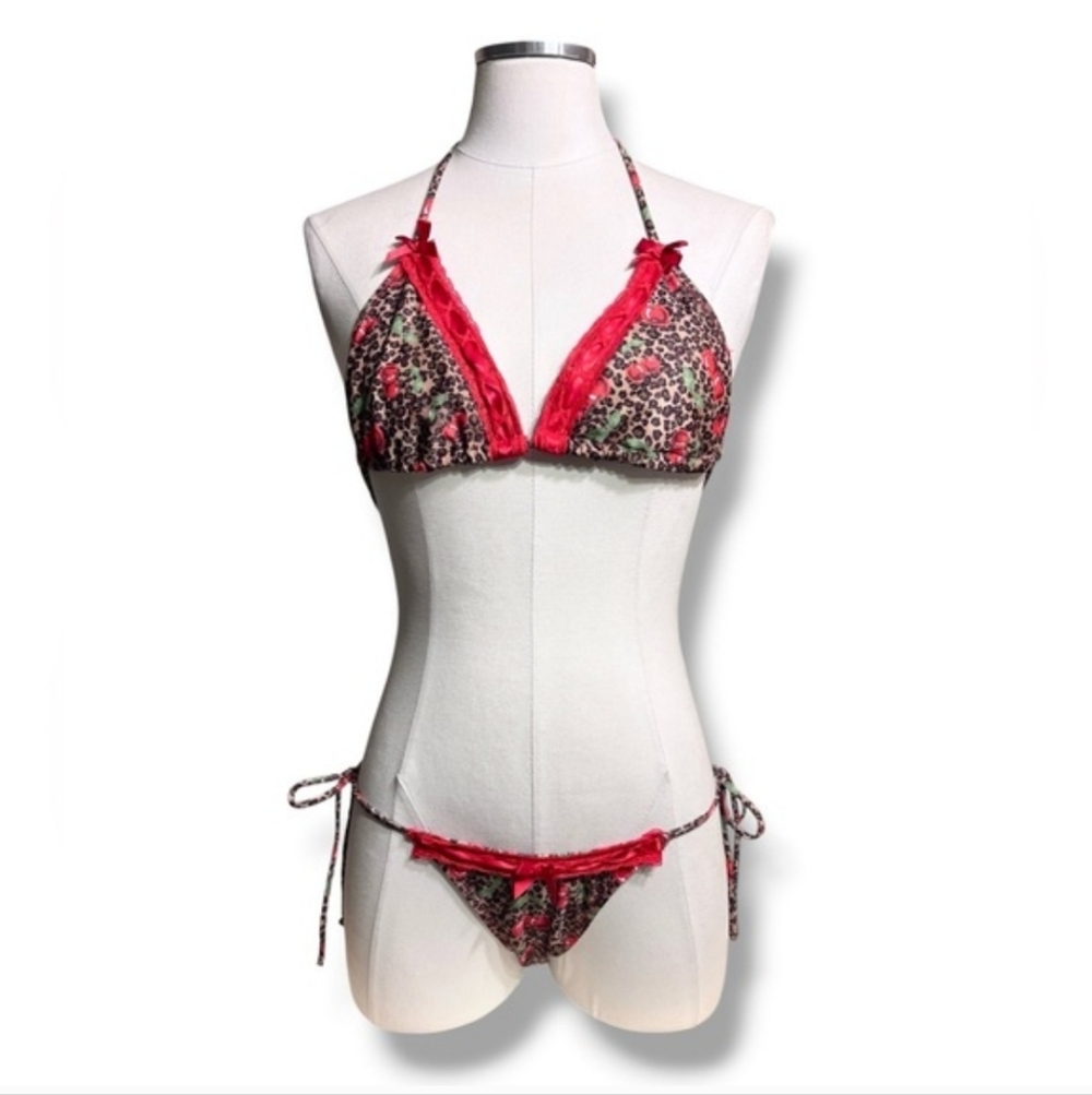 MUSERA Red Lace Trim Cherry & Leopard Print String Bikini Mixed Size L/XS